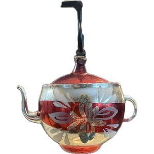 Vintage‎ Mercury Glass Tea Pot Christmas Tree Hanging Ornament Red Silver
